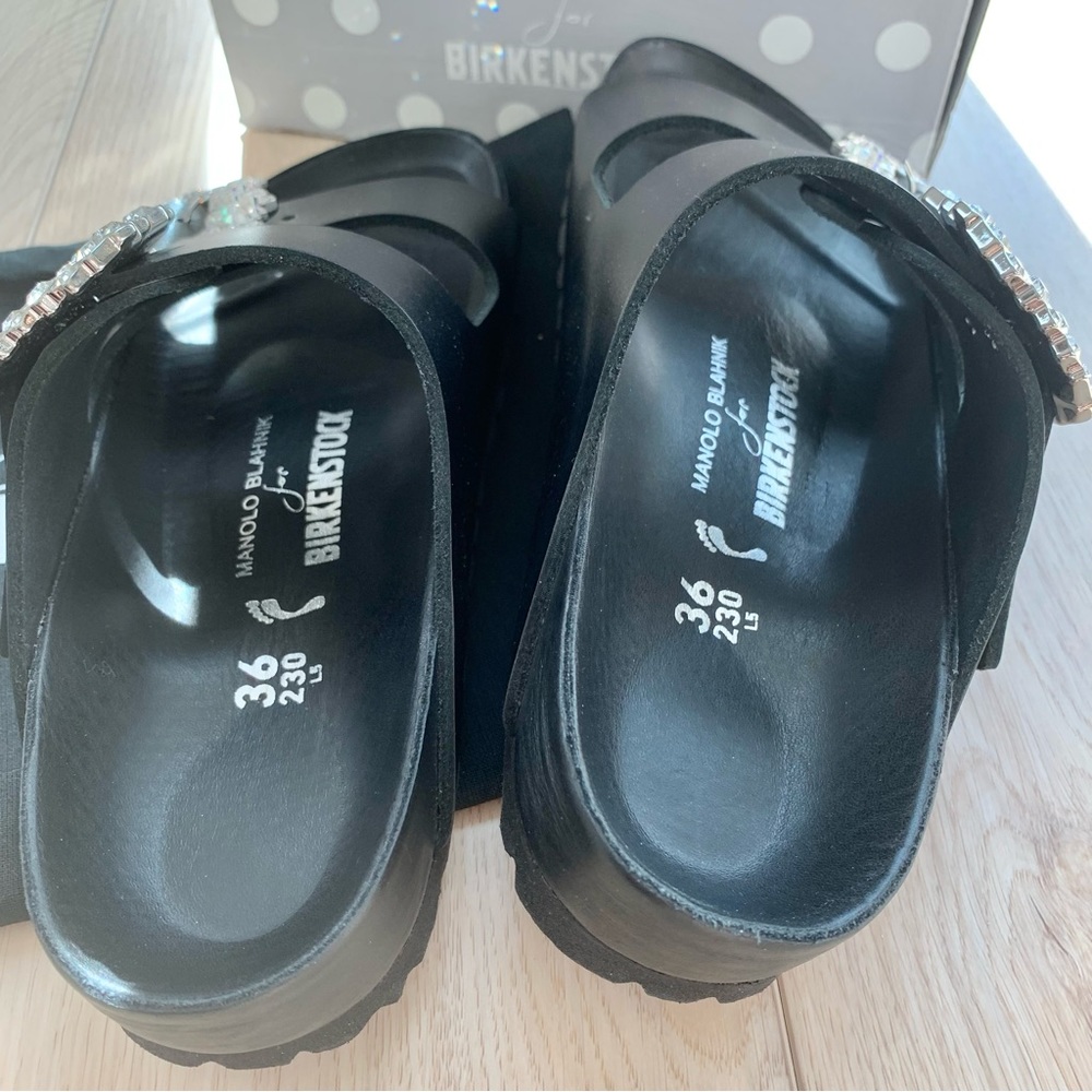 Manolo Blahnik x Birkenstock Black Leather Arizona Crystal Buckle Sandals - Picture 4 of 9
